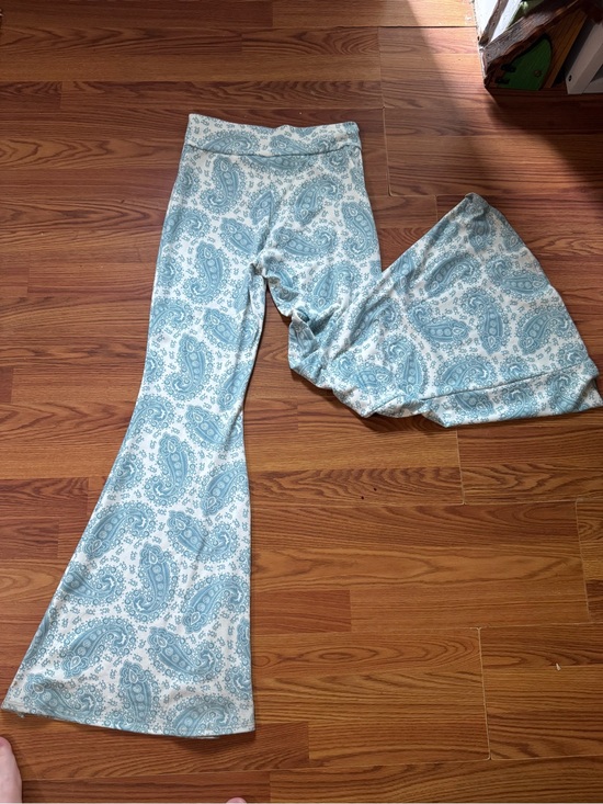 Pants - Paisley Print Flared Pants in Light Blue and Cream
